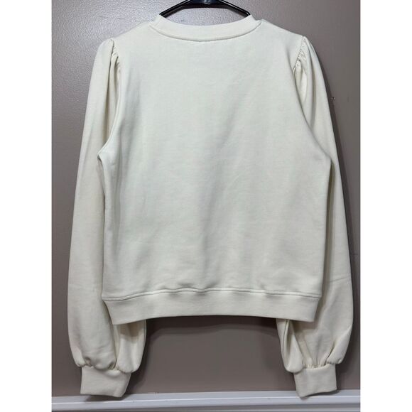 NWOT Ganni Puff Shoulder Cream Embroidered Logo Sweatshirt Sweater Women's L - Picture 11 of 11